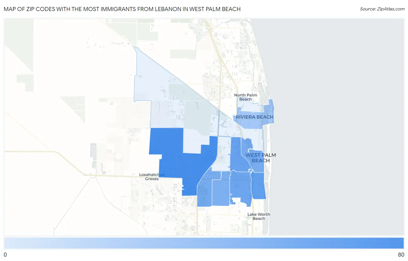 Zip Codes with the Most Immigrants from Lebanon in West Palm Beach Map