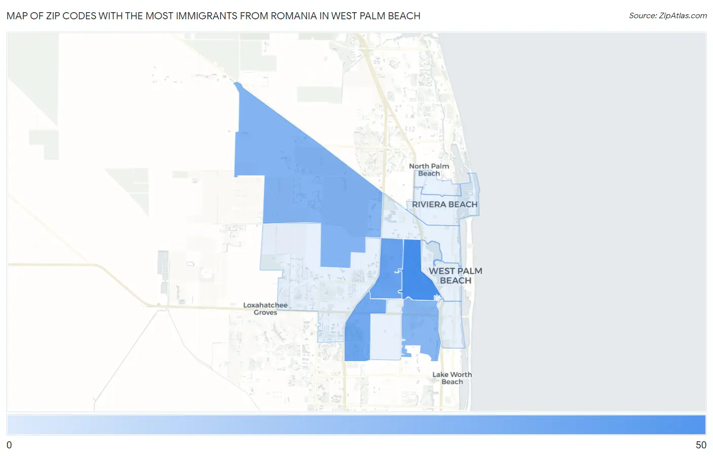 Zip Codes with the Most Immigrants from Romania in West Palm Beach Map
