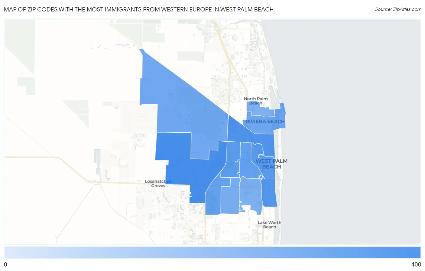 Zip Codes with the Most Immigrants from Western Europe in West Palm Beach Map