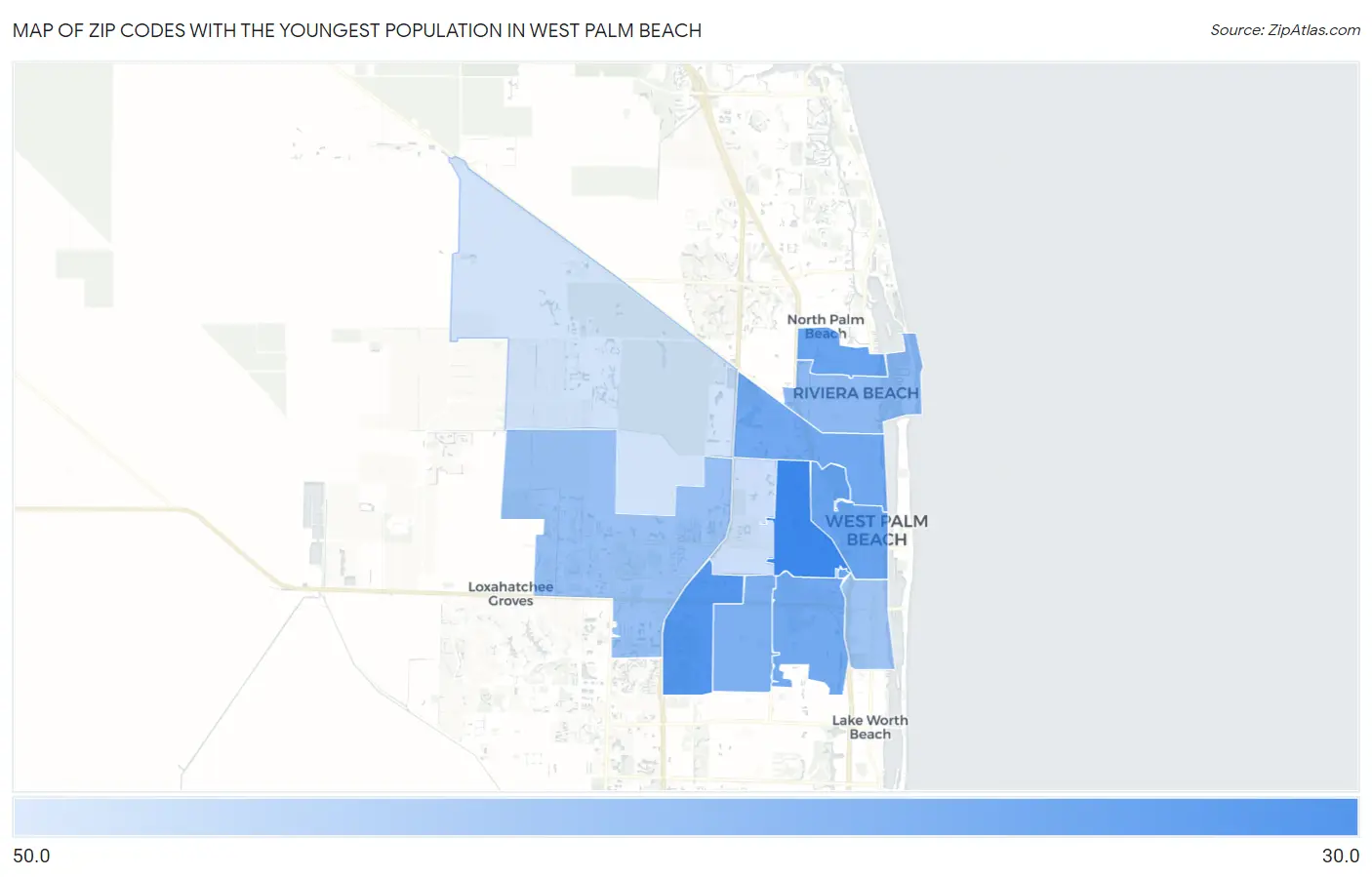 Zip Codes with the Youngest Population in West Palm Beach Map