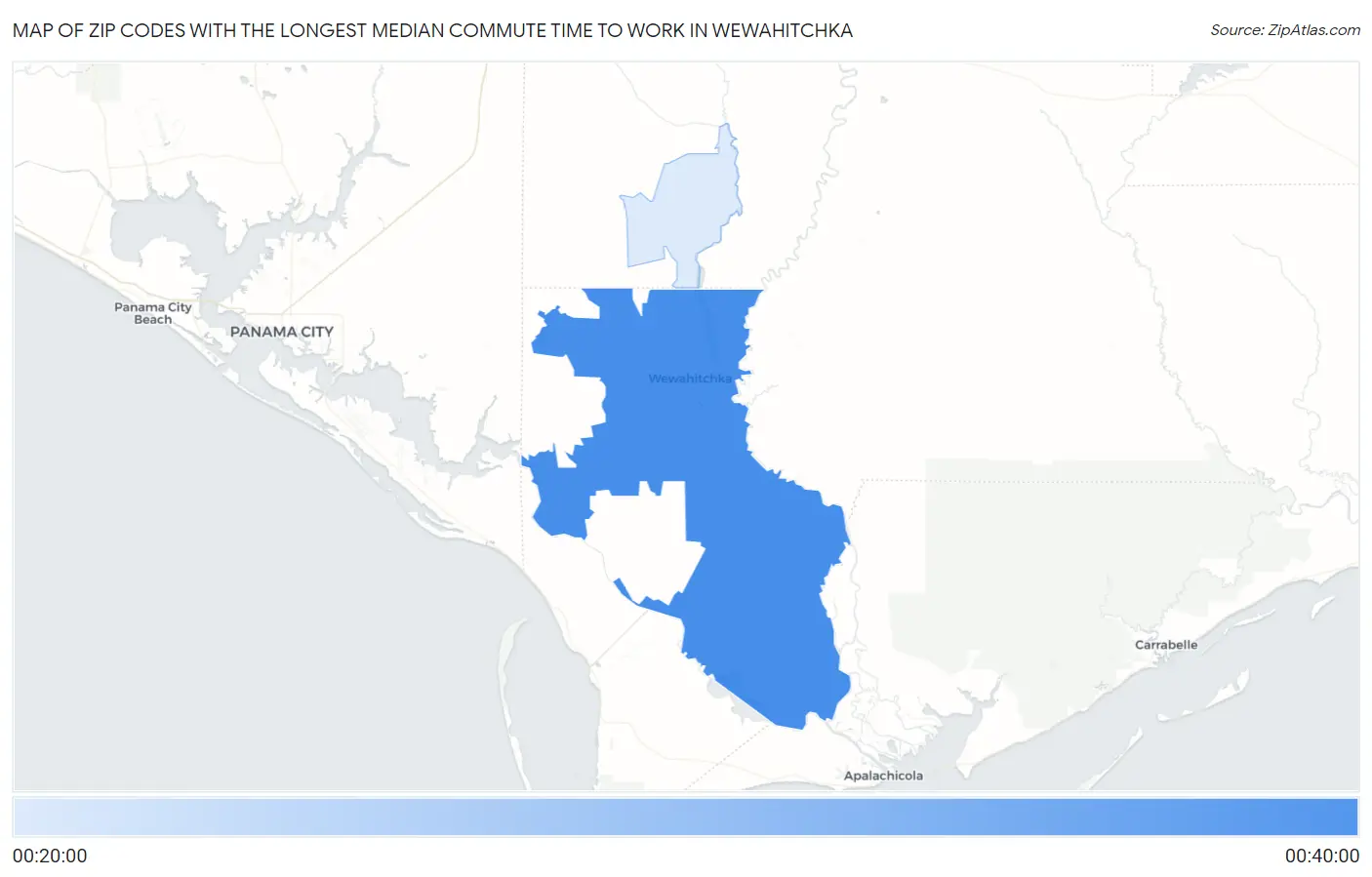 Zip Codes with the Longest Median Commute Time to Work in Wewahitchka Map