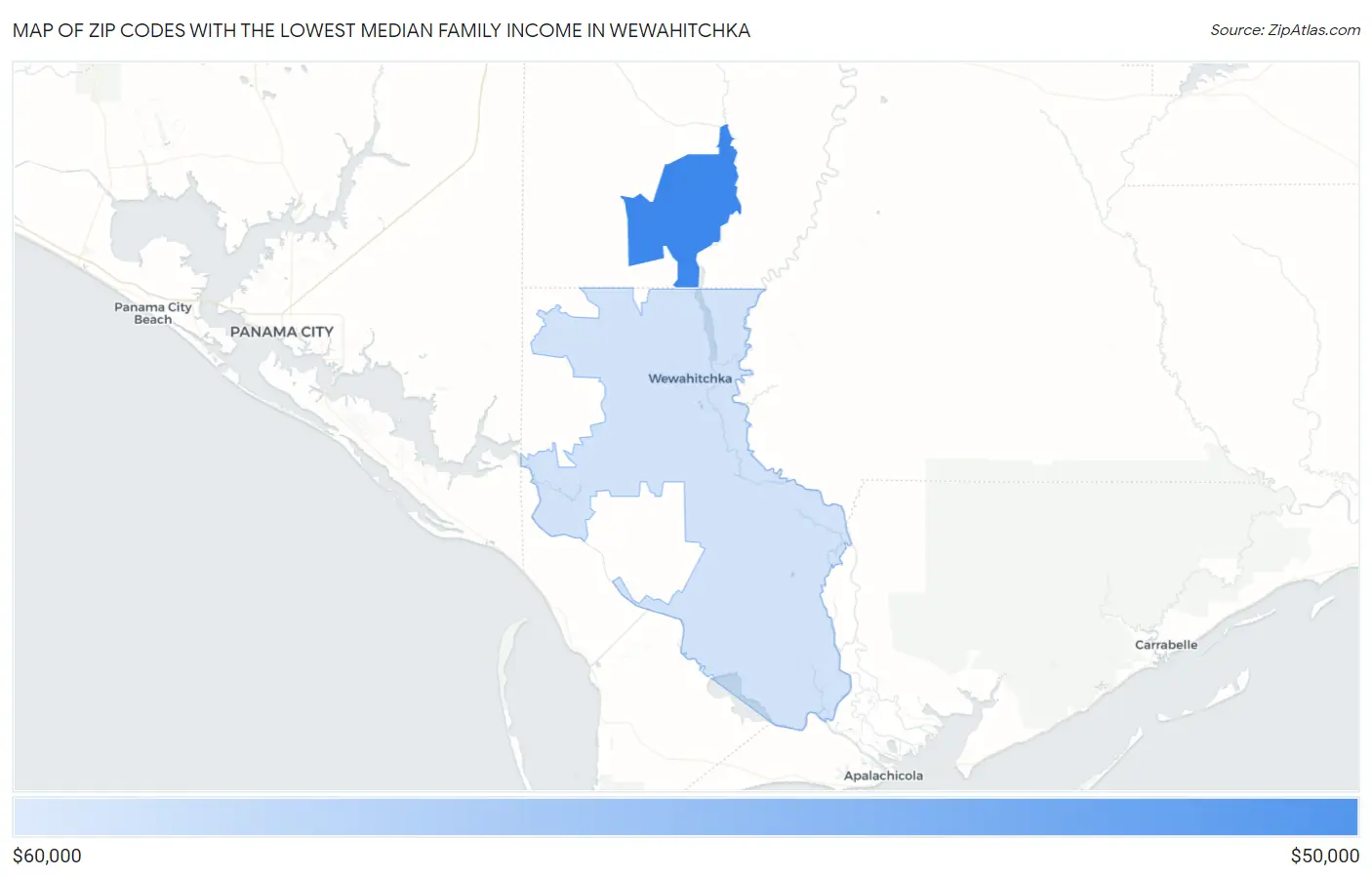 Zip Codes with the Lowest Median Family Income in Wewahitchka Map