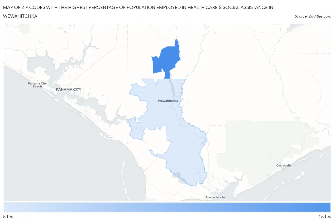 Zip Codes with the Highest Percentage of Population Employed in Health Care & Social Assistance in Wewahitchka Map