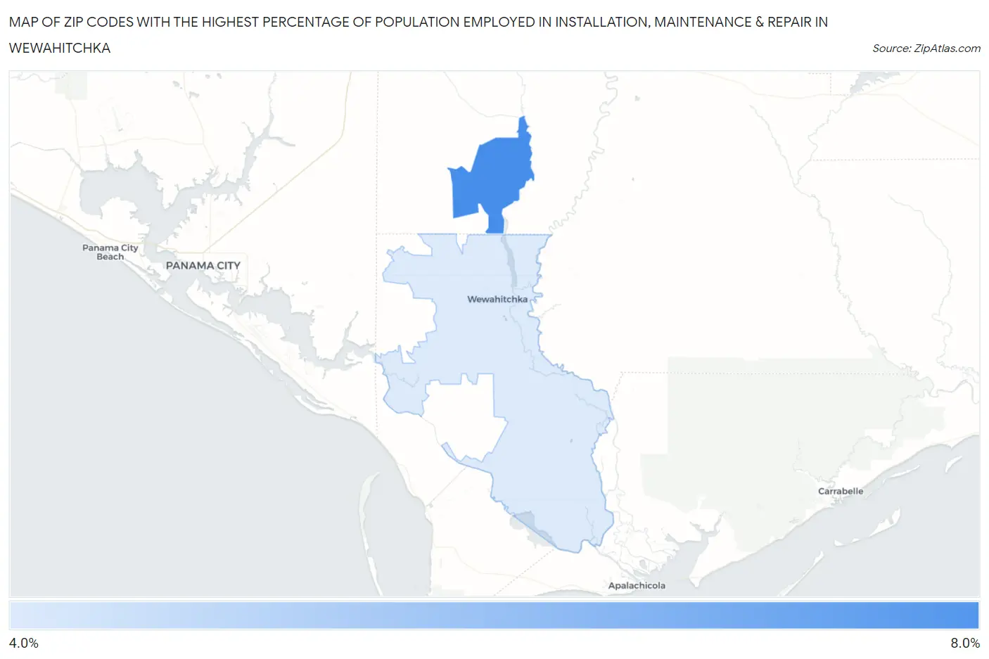 Zip Codes with the Highest Percentage of Population Employed in Installation, Maintenance & Repair in Wewahitchka Map