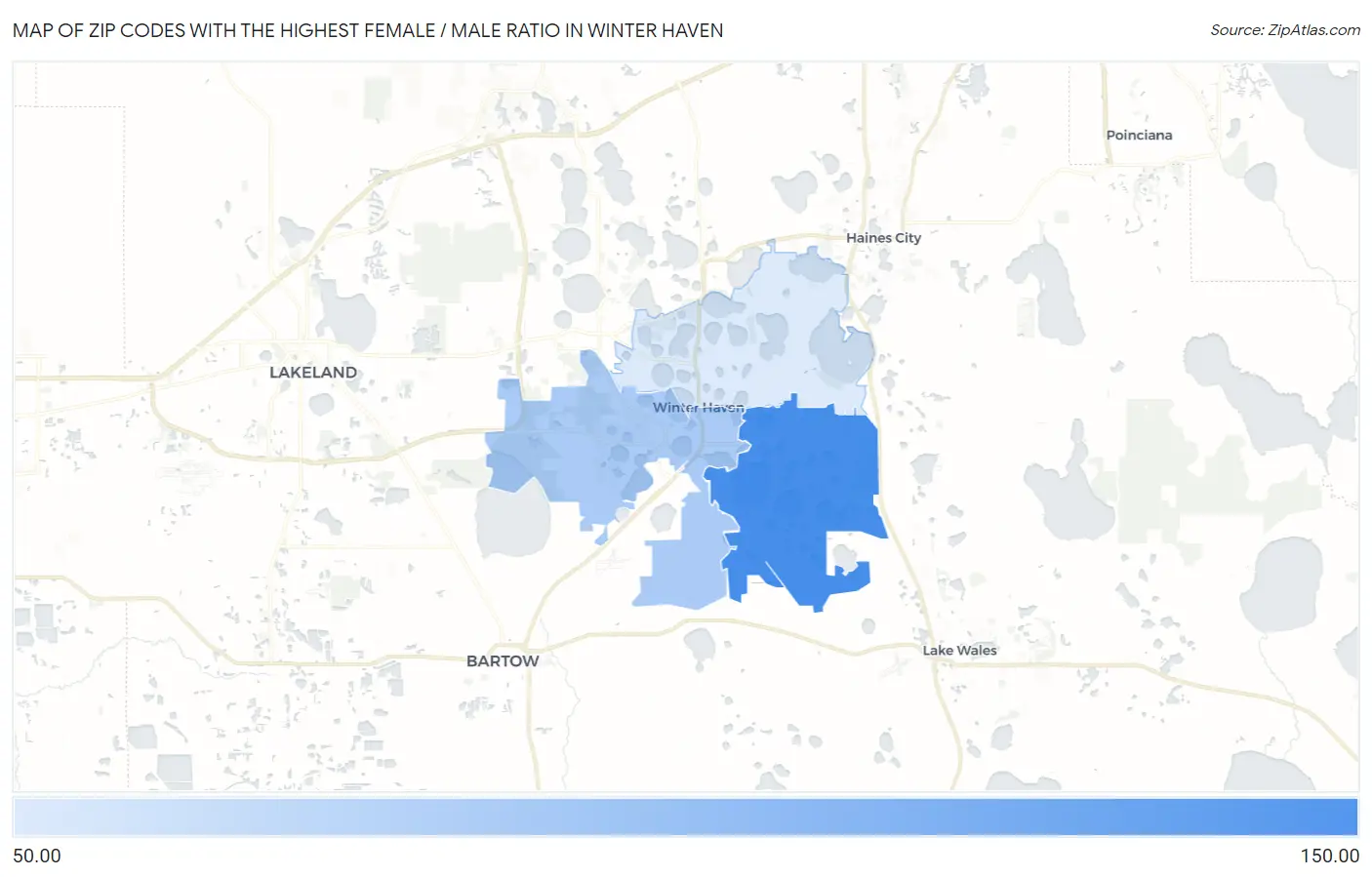 Zip Codes with the Highest Female / Male Ratio in Winter Haven Map
