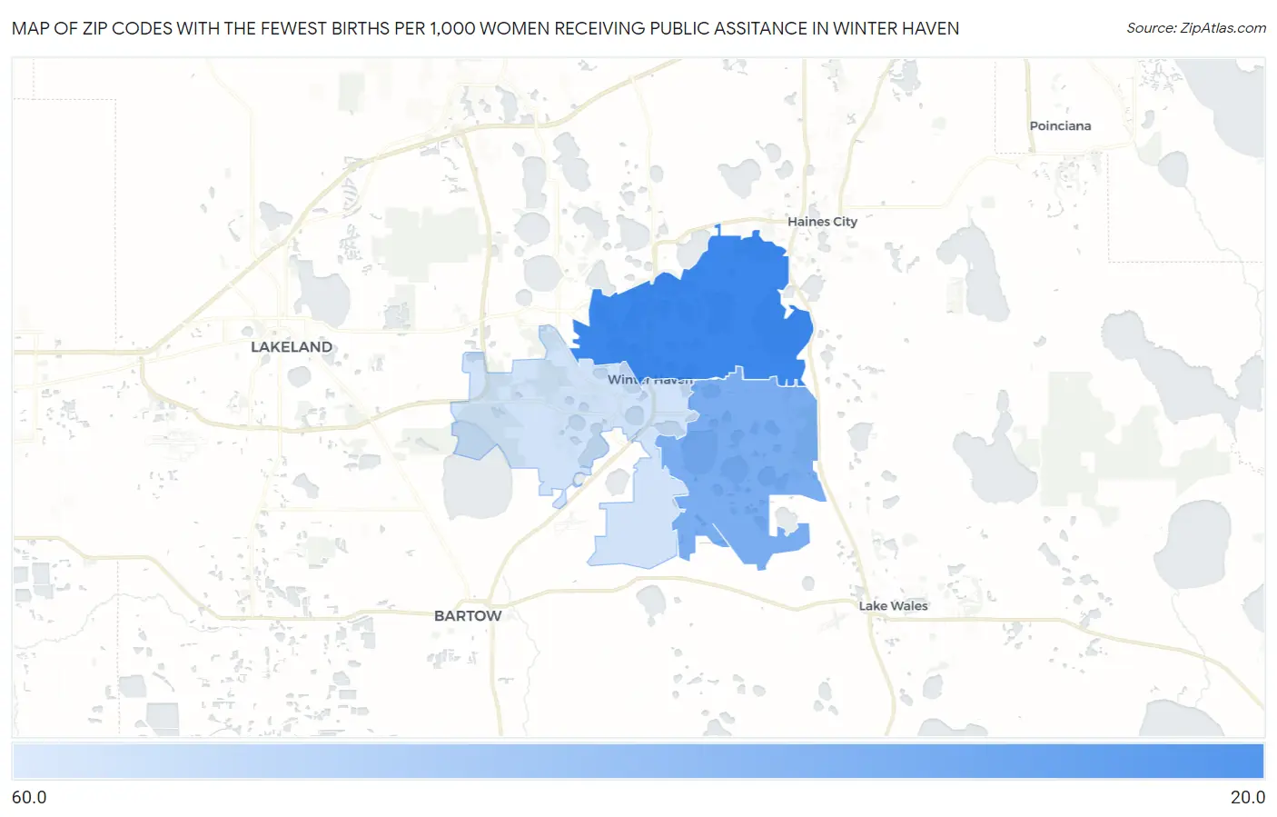 Zip Codes with the Fewest Births per 1,000 Women Receiving Public Assitance in Winter Haven Map