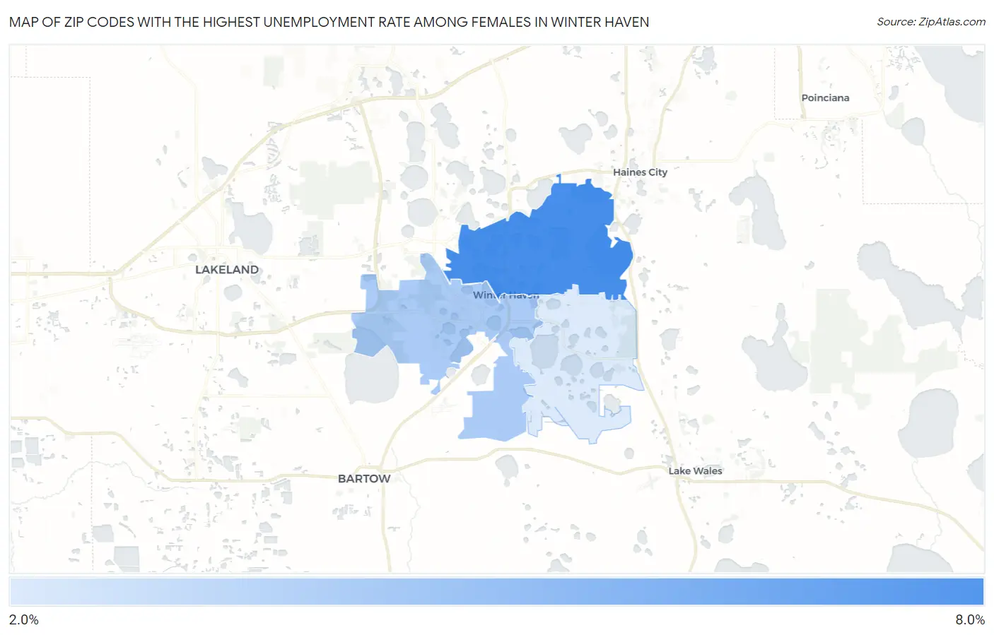 Zip Codes with the Highest Unemployment Rate Among Females in Winter Haven Map
