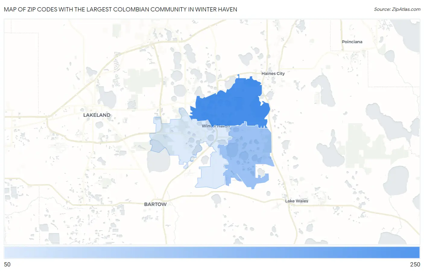 Zip Codes with the Largest Colombian Community in Winter Haven Map