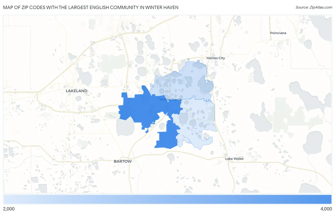 Zip Codes with the Largest English Community in Winter Haven Map