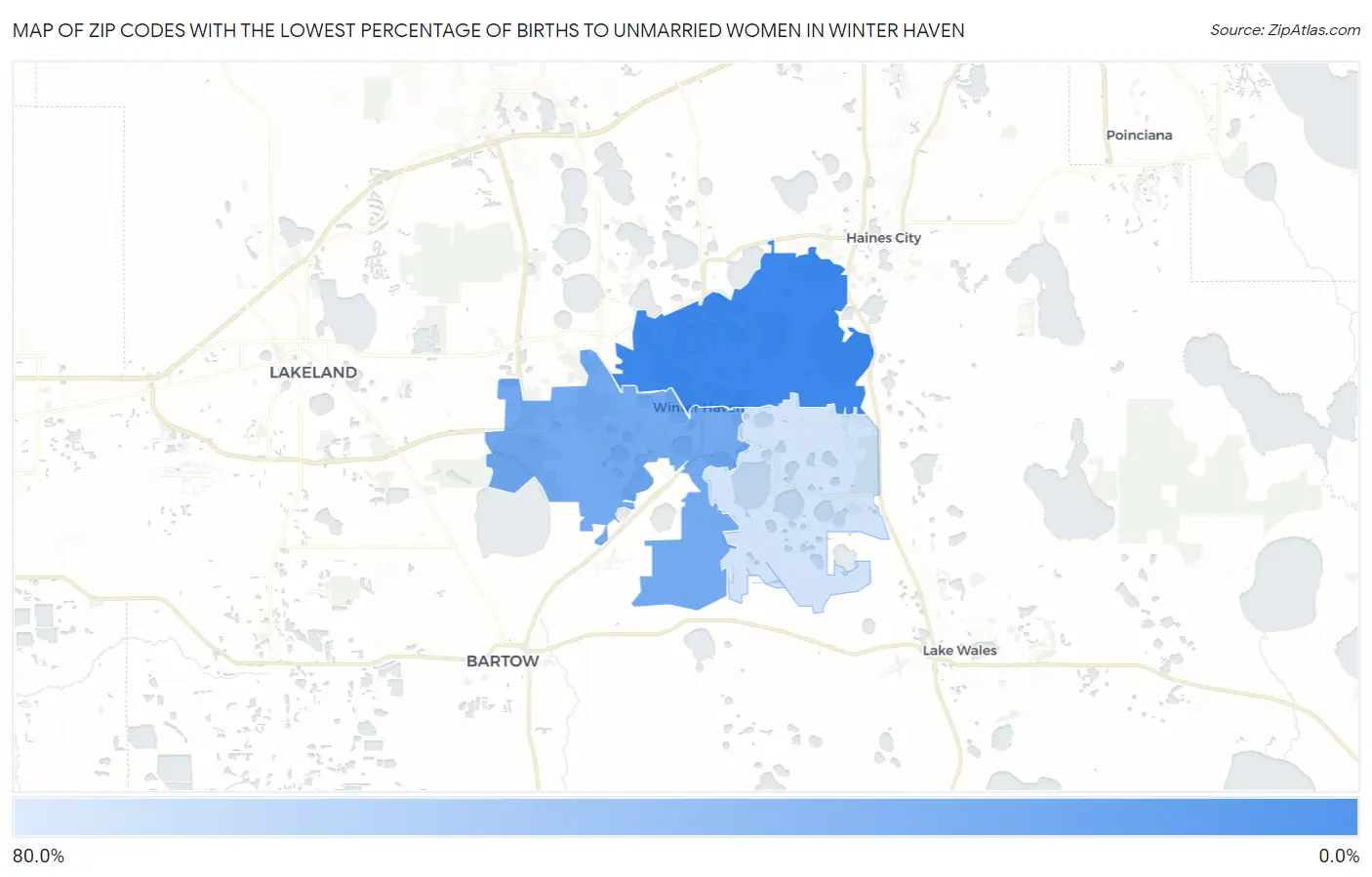 Zip Codes with the Lowest Percentage of Births to Unmarried Women in Winter Haven Map