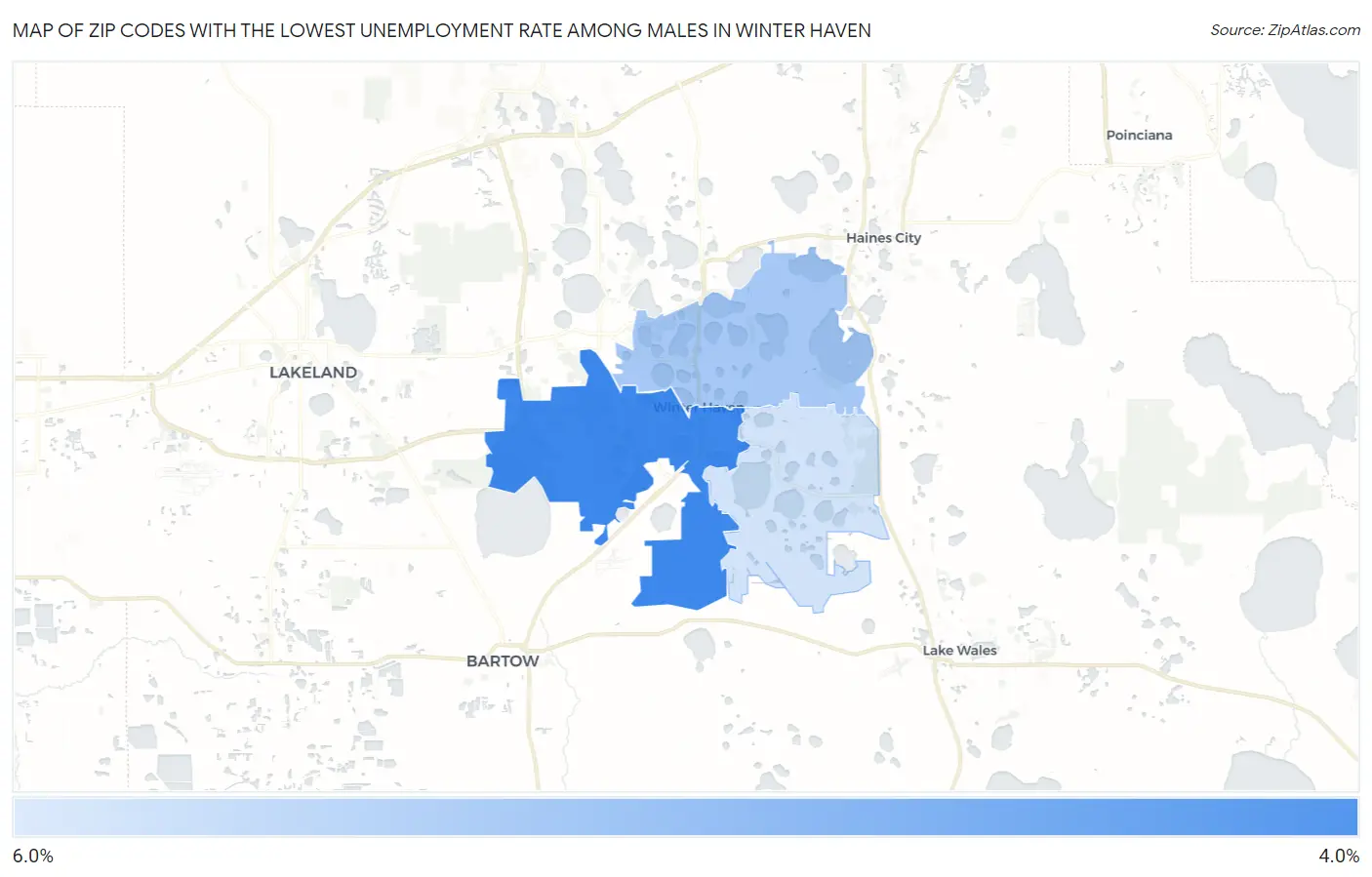 Zip Codes with the Lowest Unemployment Rate Among Males in Winter Haven Map