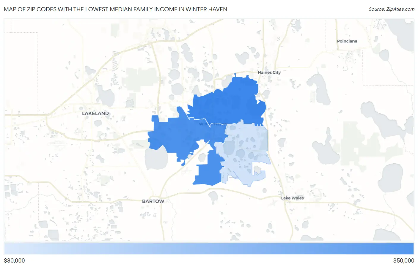 Zip Codes with the Lowest Median Family Income in Winter Haven Map