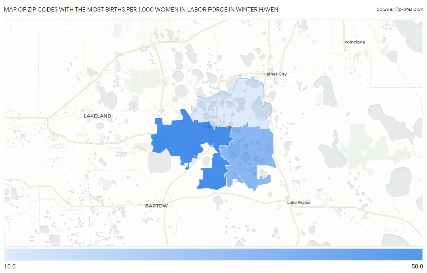Zip Codes with the Most Births per 1,000 Women in Labor Force in Winter Haven Map