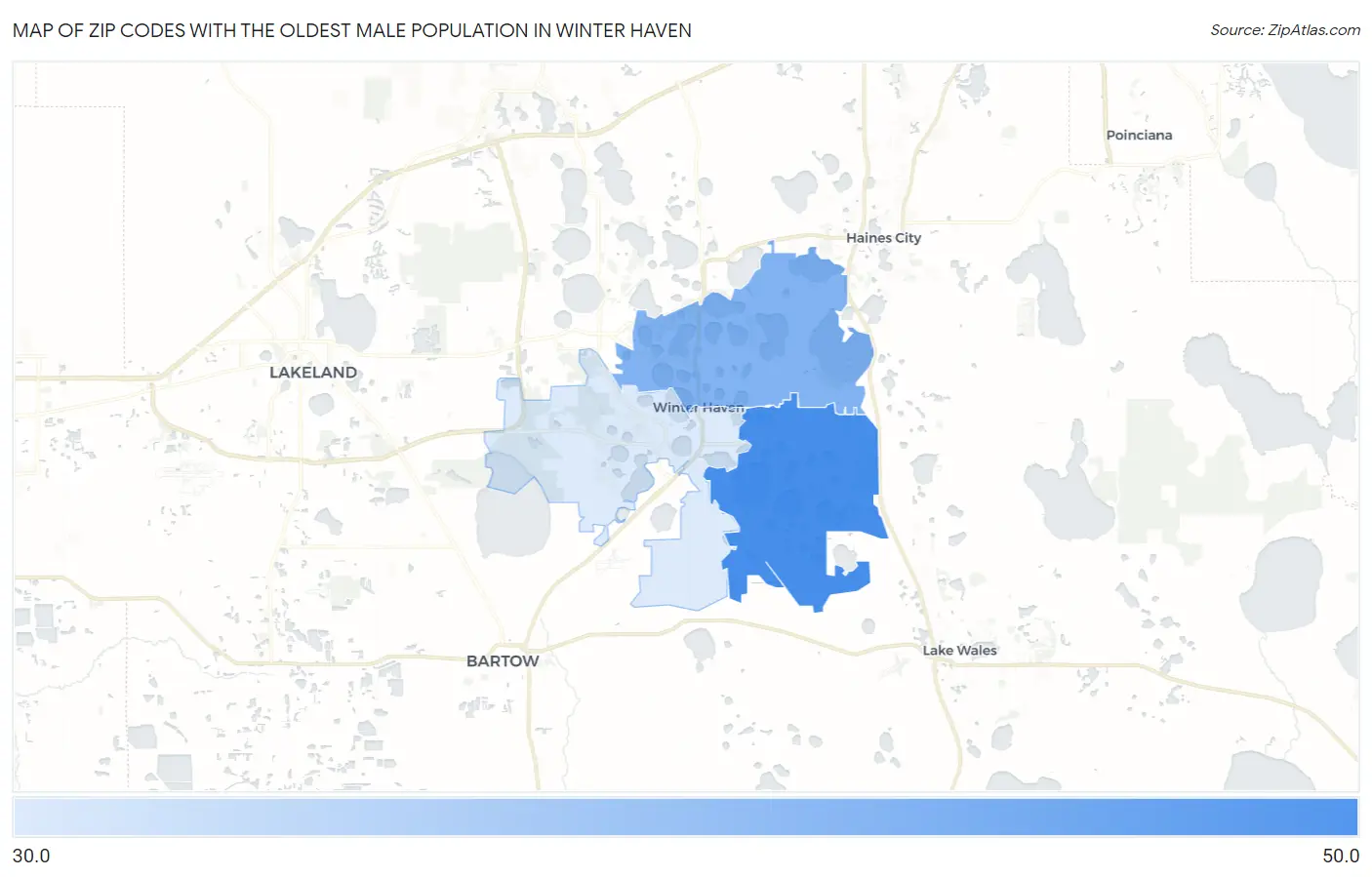Zip Codes with the Oldest Male Population in Winter Haven Map