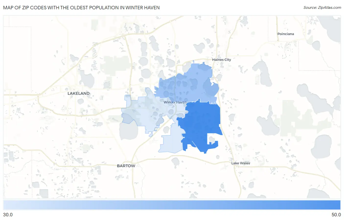 Zip Codes with the Oldest Population in Winter Haven Map