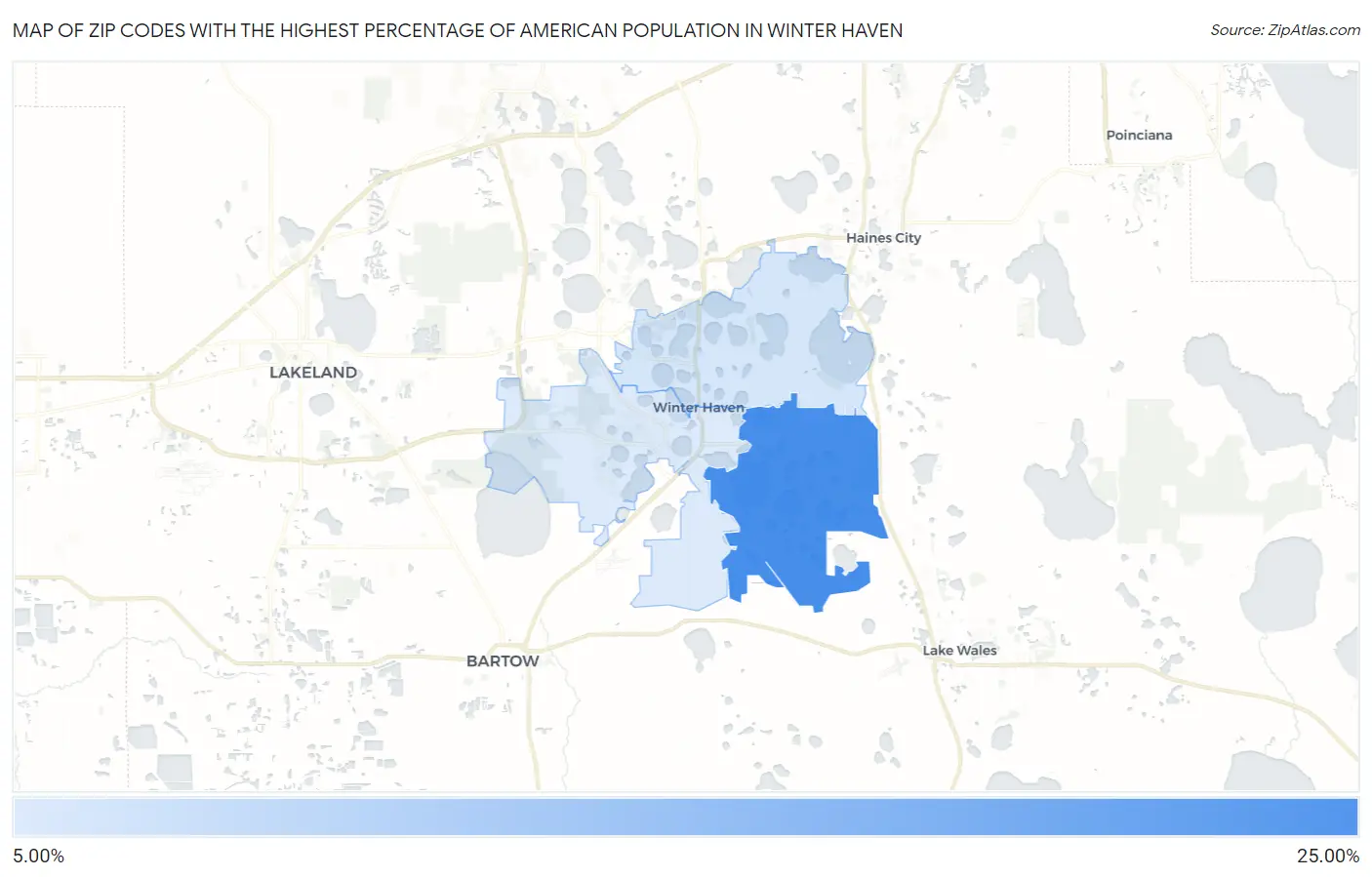 Zip Codes with the Highest Percentage of American Population in Winter Haven Map