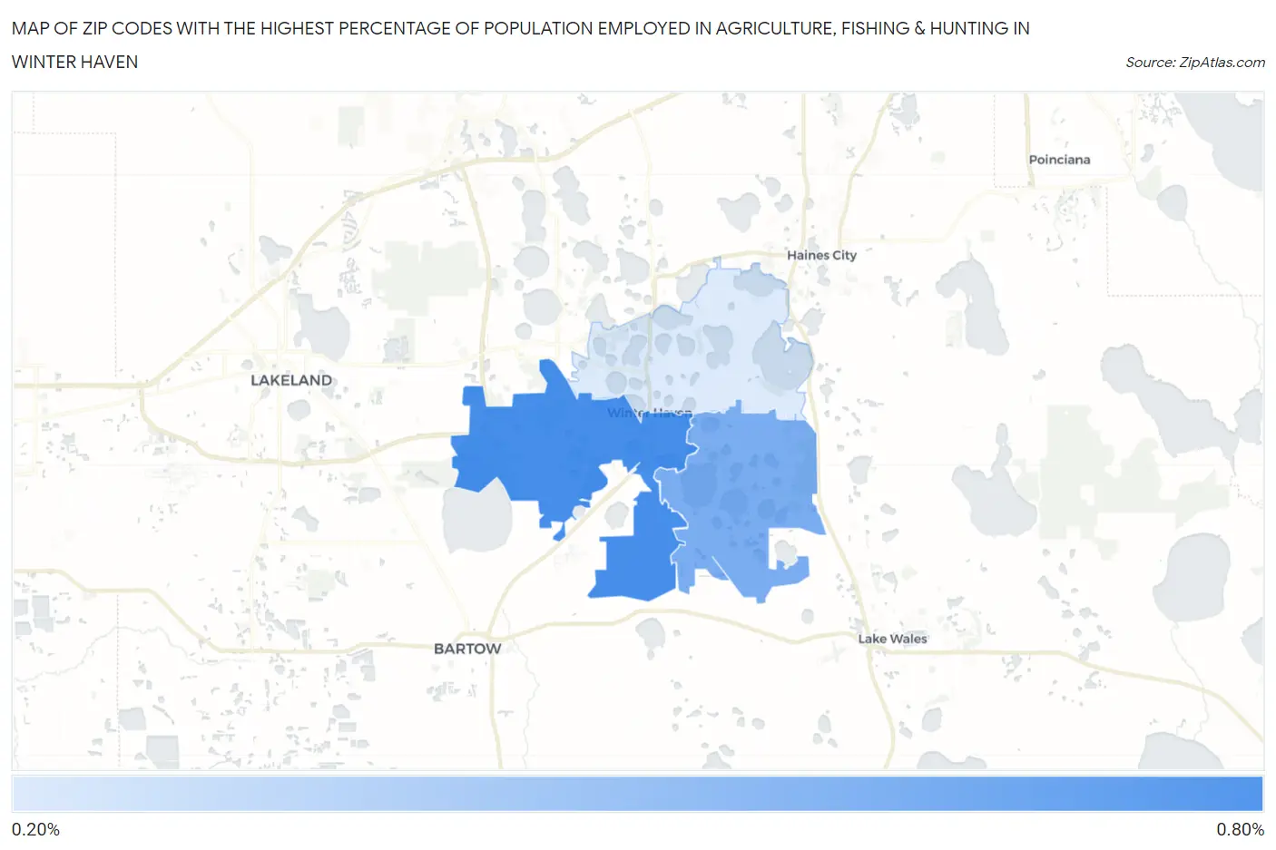Zip Codes with the Highest Percentage of Population Employed in Agriculture, Fishing & Hunting in Winter Haven Map