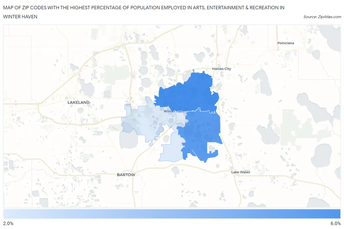 Zip Codes with the Highest Percentage of Population Employed in Arts, Entertainment & Recreation in Winter Haven Map