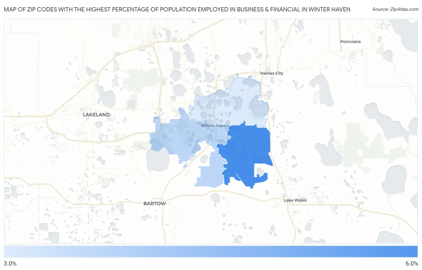 Zip Codes with the Highest Percentage of Population Employed in Business & Financial in Winter Haven Map