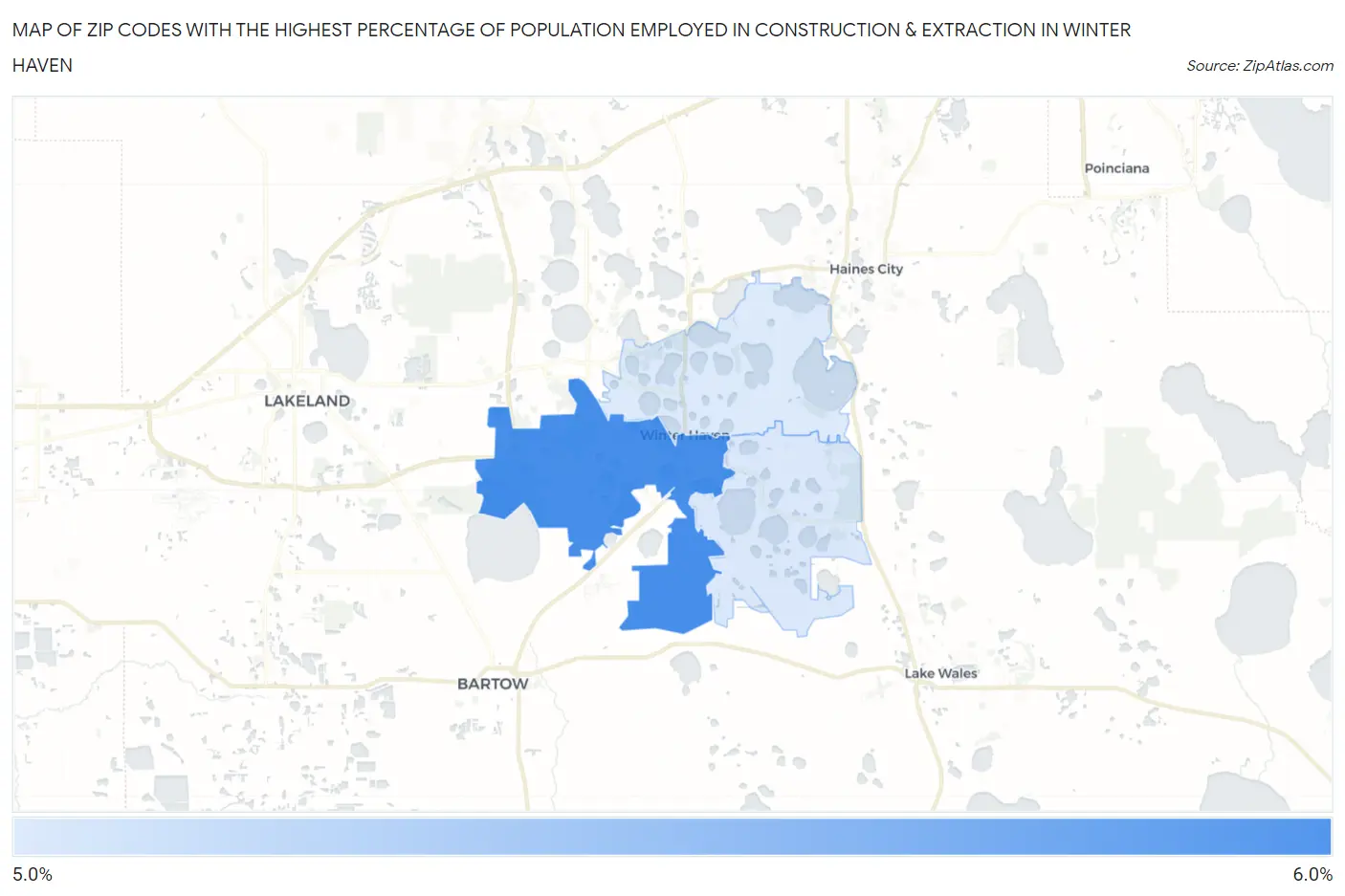 Zip Codes with the Highest Percentage of Population Employed in Construction & Extraction in Winter Haven Map