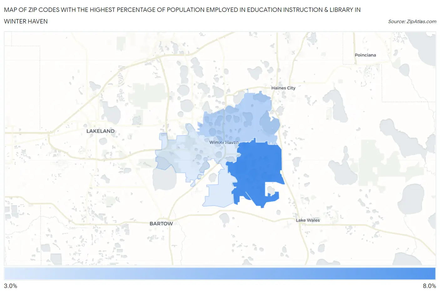 Zip Codes with the Highest Percentage of Population Employed in Education Instruction & Library in Winter Haven Map