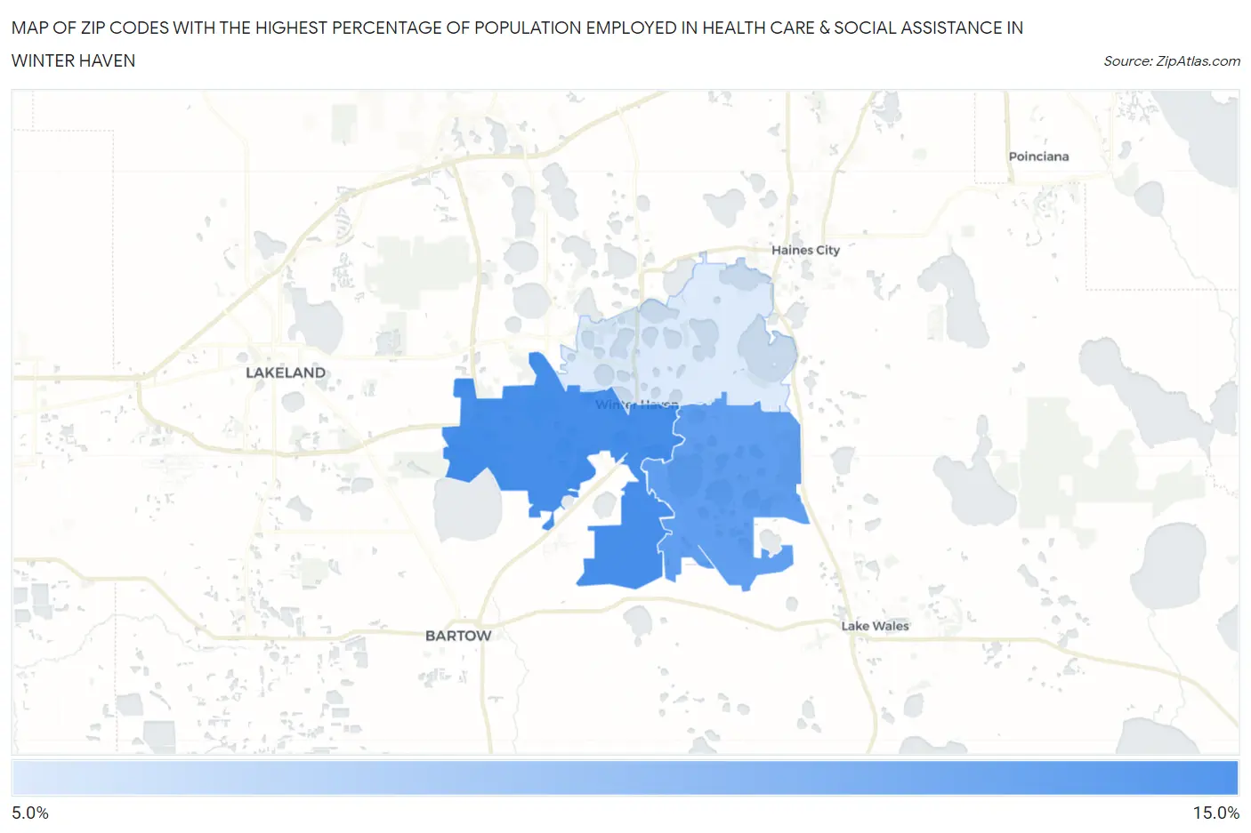 Zip Codes with the Highest Percentage of Population Employed in Health Care & Social Assistance in Winter Haven Map