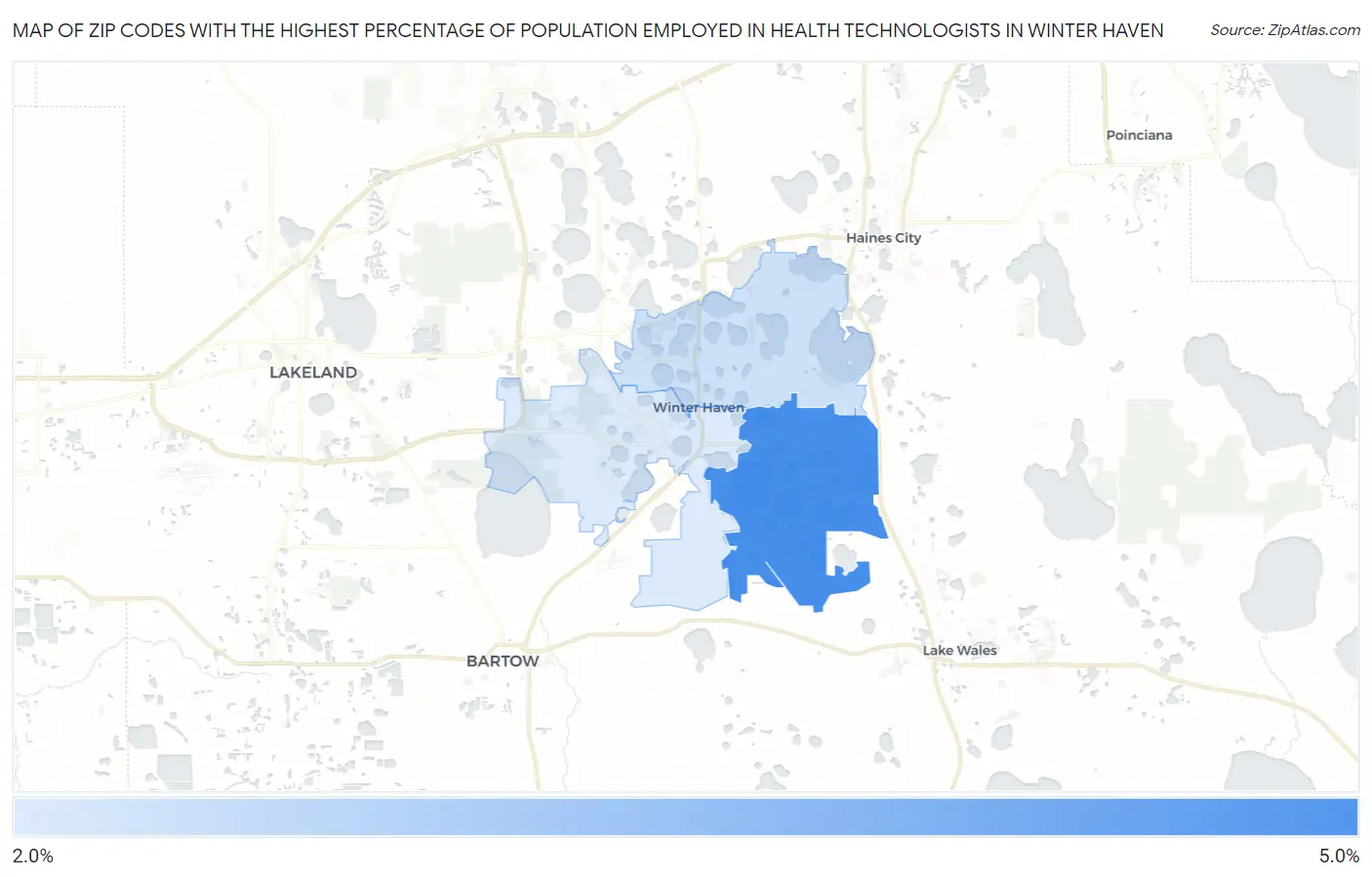Zip Codes with the Highest Percentage of Population Employed in Health Technologists in Winter Haven Map