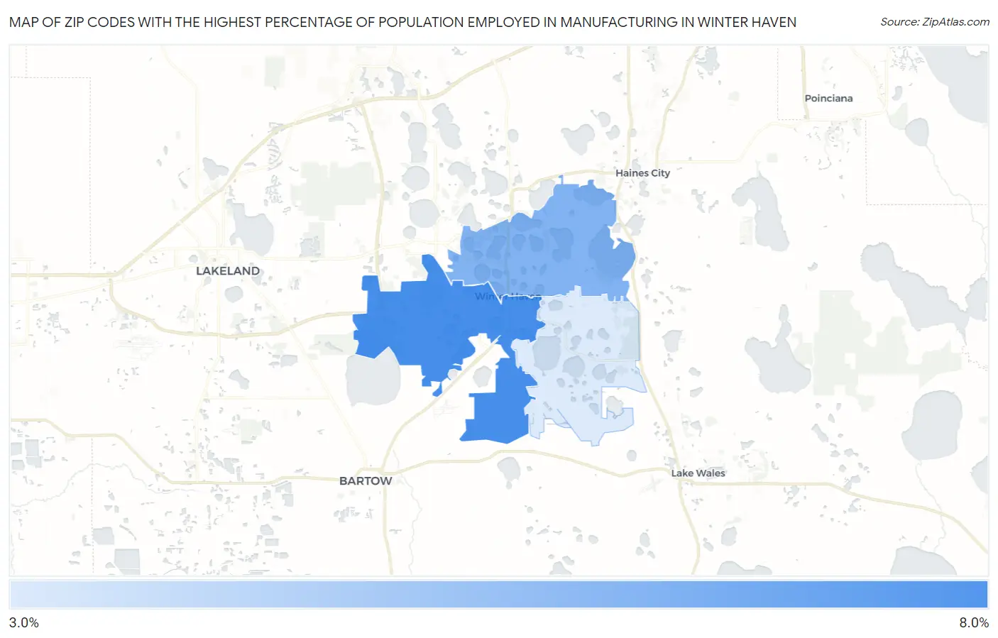 Zip Codes with the Highest Percentage of Population Employed in Manufacturing in Winter Haven Map