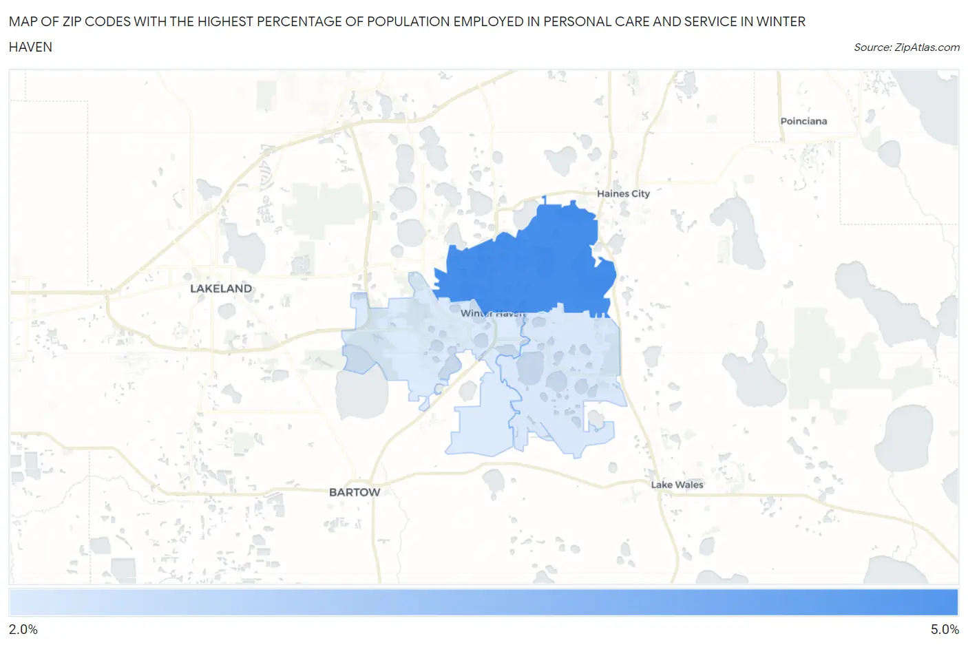 Zip Codes with the Highest Percentage of Population Employed in Personal Care and Service in Winter Haven Map