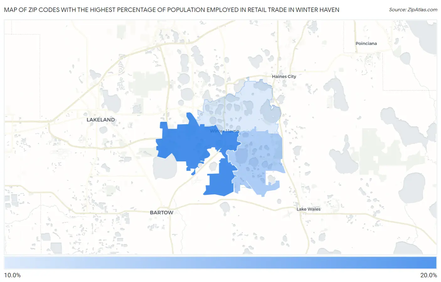 Zip Codes with the Highest Percentage of Population Employed in Retail Trade in Winter Haven Map