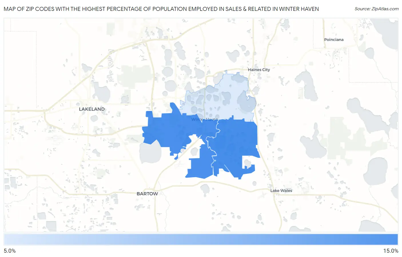 Zip Codes with the Highest Percentage of Population Employed in Sales & Related in Winter Haven Map