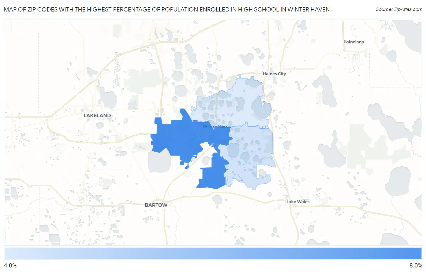 Zip Codes with the Highest Percentage of Population Enrolled in High School in Winter Haven Map