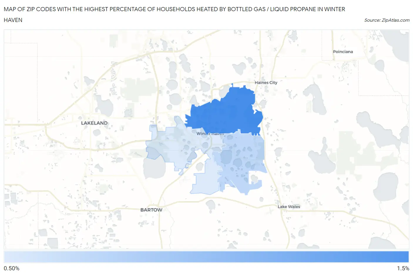 Zip Codes with the Highest Percentage of Households Heated by Bottled Gas / Liquid Propane in Winter Haven Map
