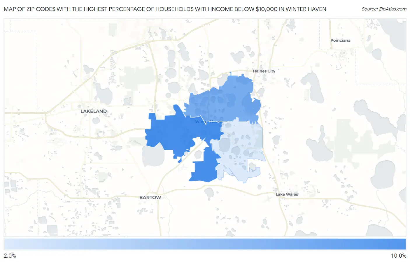 Zip Codes with the Highest Percentage of Households with Income Below $10,000 in Winter Haven Map