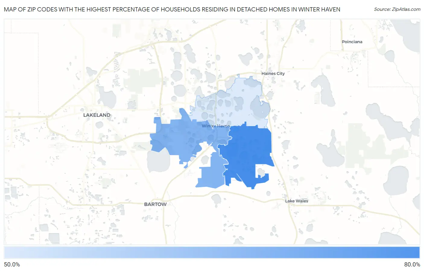 Zip Codes with the Highest Percentage of Households Residing in Detached Homes in Winter Haven Map