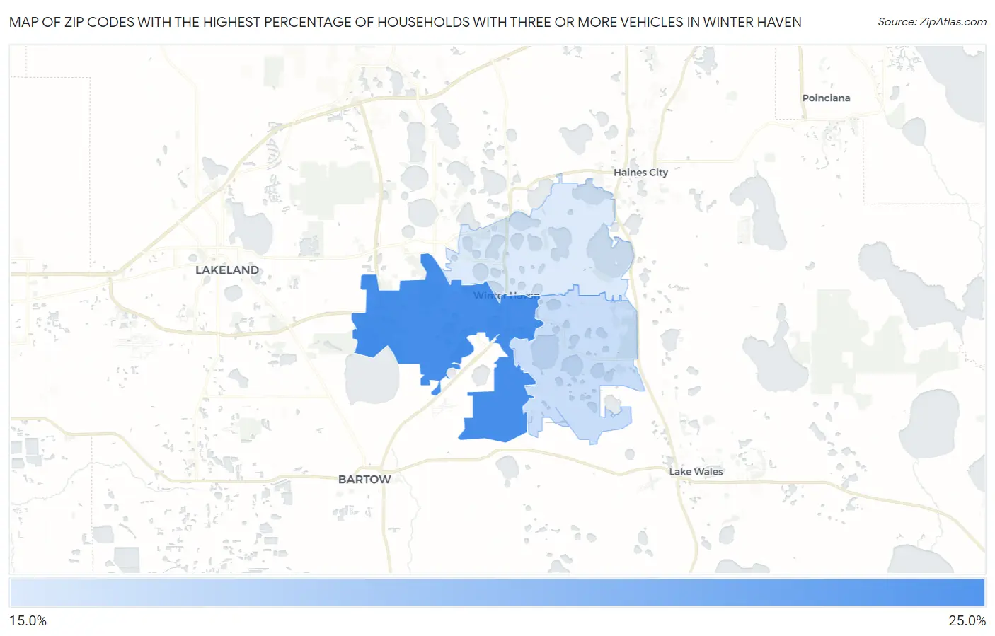 Zip Codes with the Highest Percentage of Households With Three or more Vehicles in Winter Haven Map