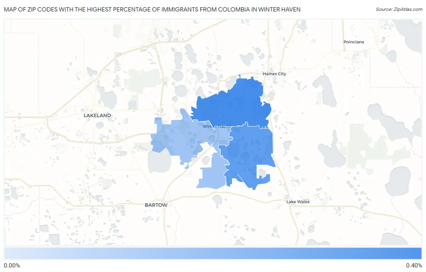Zip Codes with the Highest Percentage of Immigrants from Colombia in Winter Haven Map