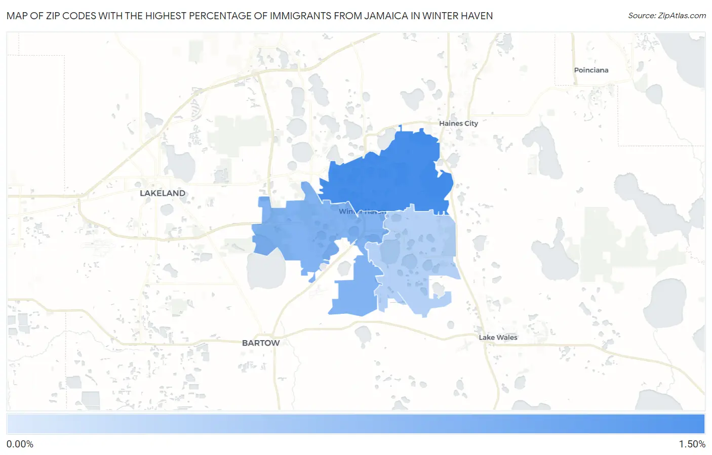 Zip Codes with the Highest Percentage of Immigrants from Jamaica in Winter Haven Map