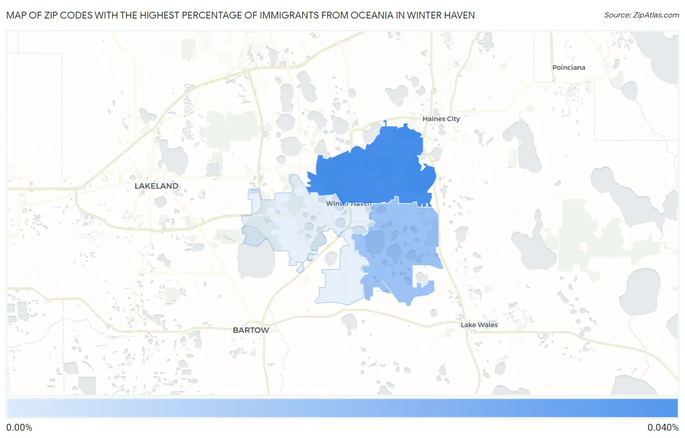 Zip Codes with the Highest Percentage of Immigrants from Oceania in Winter Haven Map