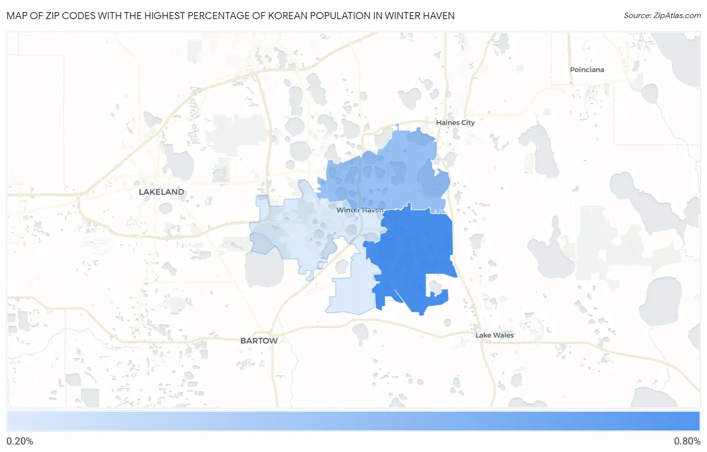 Zip Codes with the Highest Percentage of Korean Population in Winter Haven Map