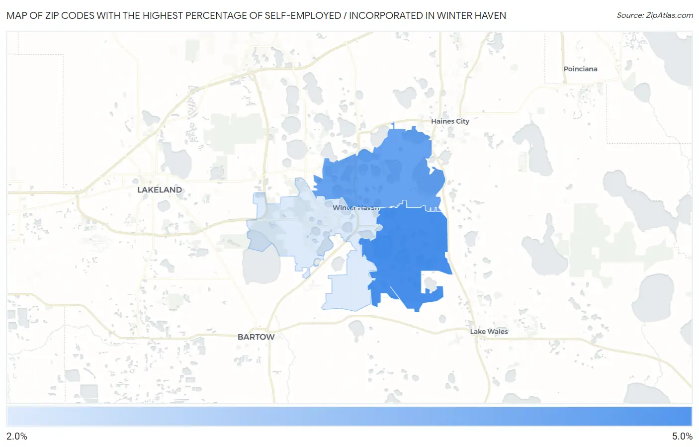 Zip Codes with the Highest Percentage of Self-Employed / Incorporated in Winter Haven Map