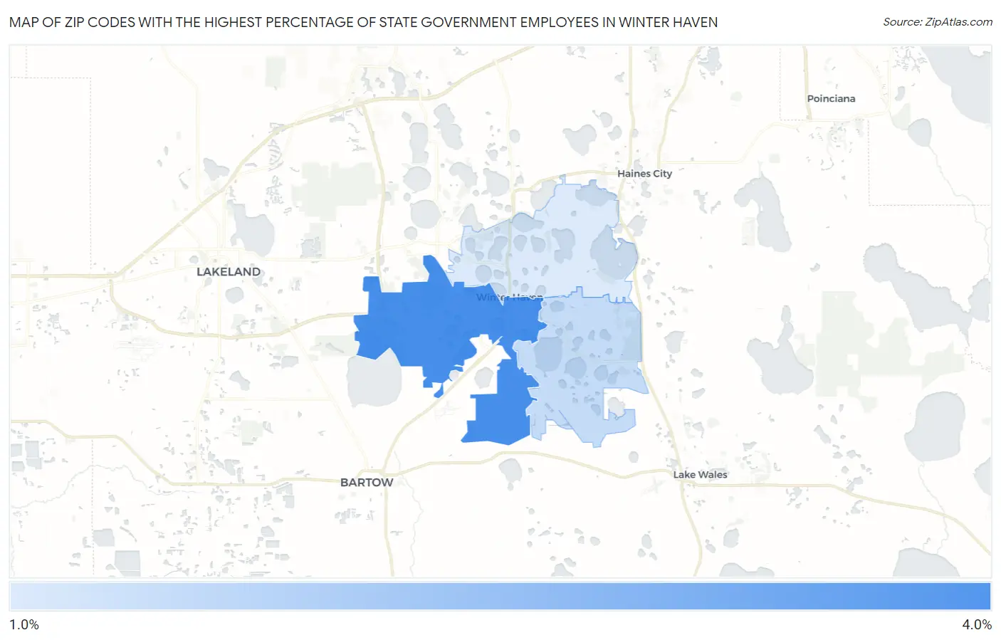 Zip Codes with the Highest Percentage of State Government Employees in Winter Haven Map
