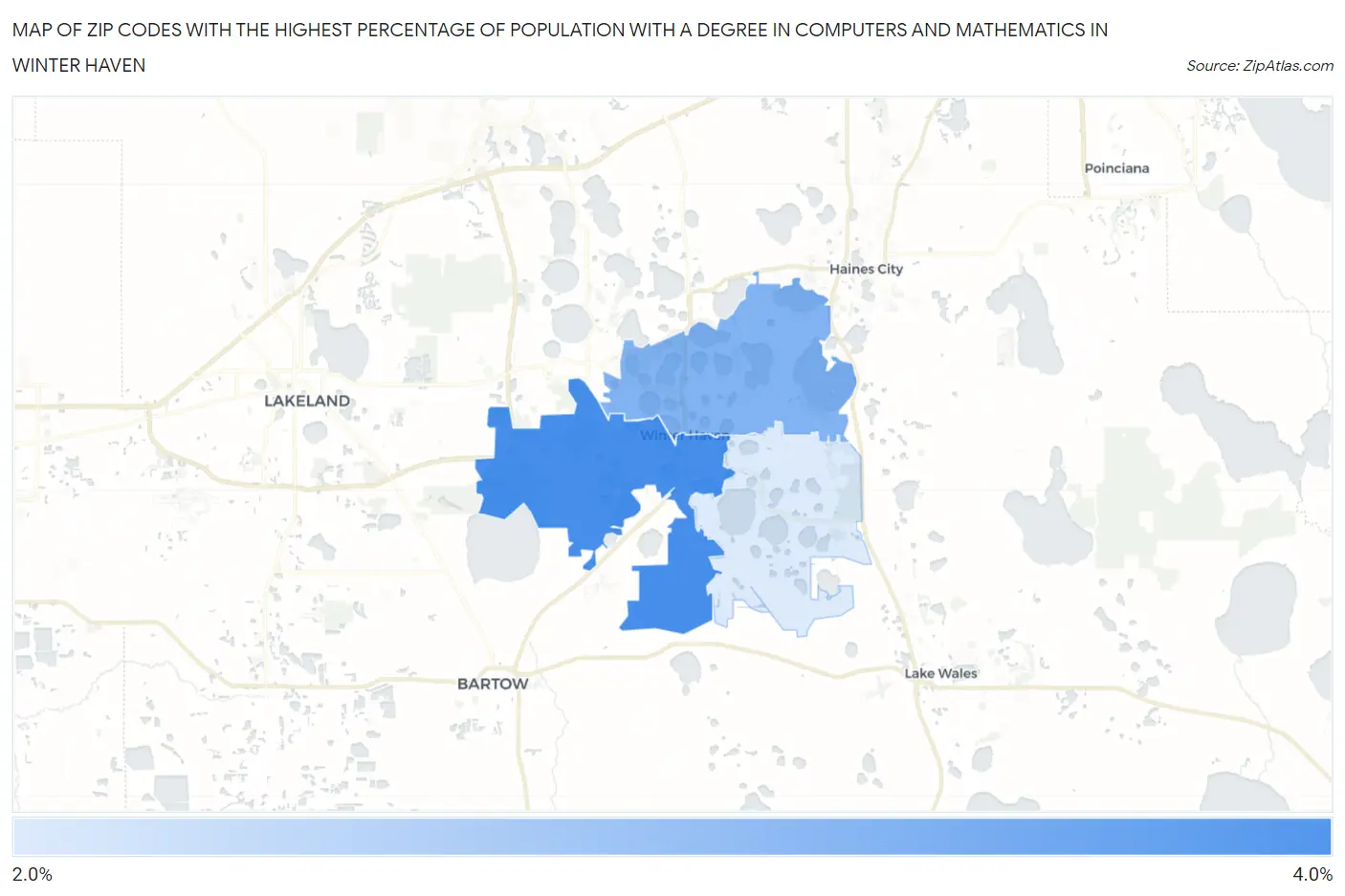 Zip Codes with the Highest Percentage of Population with a Degree in Computers and Mathematics in Winter Haven Map