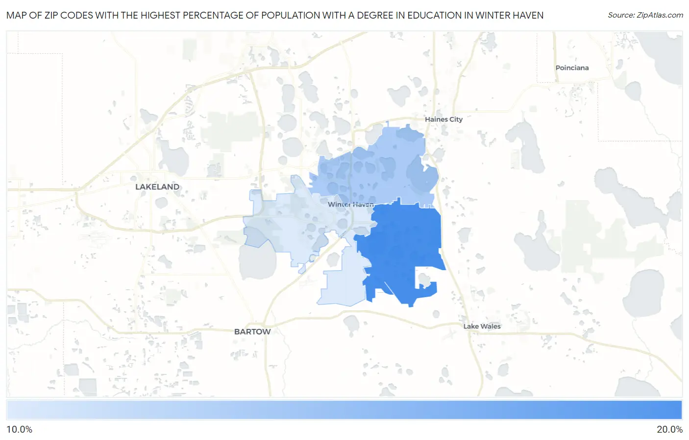 Zip Codes with the Highest Percentage of Population with a Degree in Education in Winter Haven Map