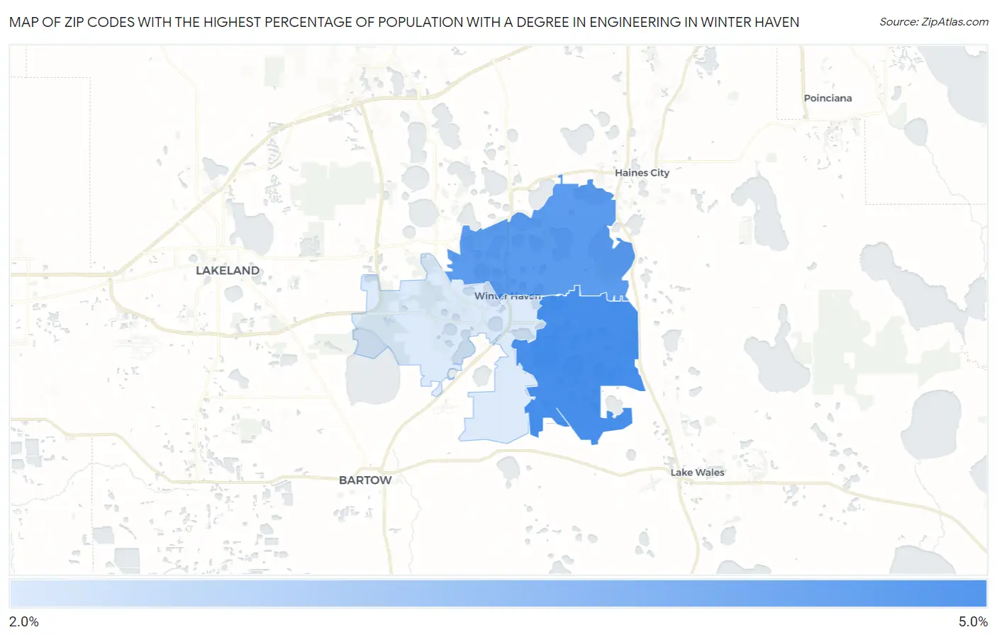 Zip Codes with the Highest Percentage of Population with a Degree in Engineering in Winter Haven Map
