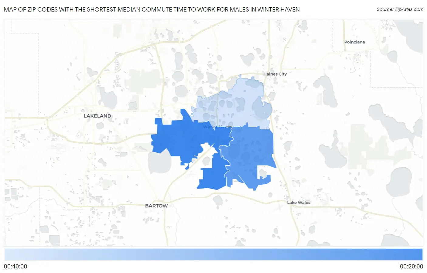 Zip Codes with the Shortest Median Commute Time to Work for Males in Winter Haven Map