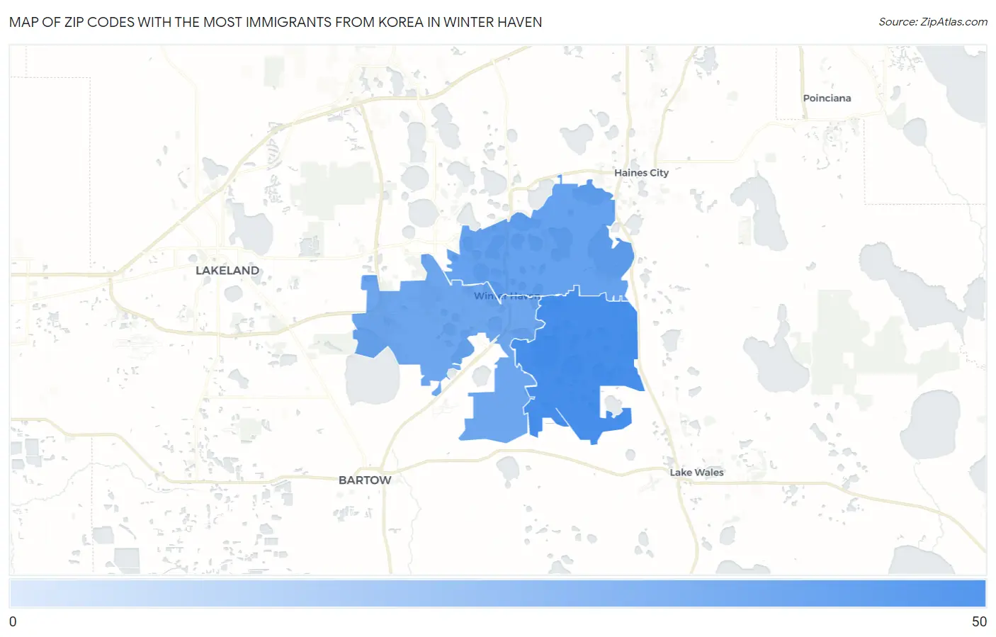 Zip Codes with the Most Immigrants from Korea in Winter Haven Map