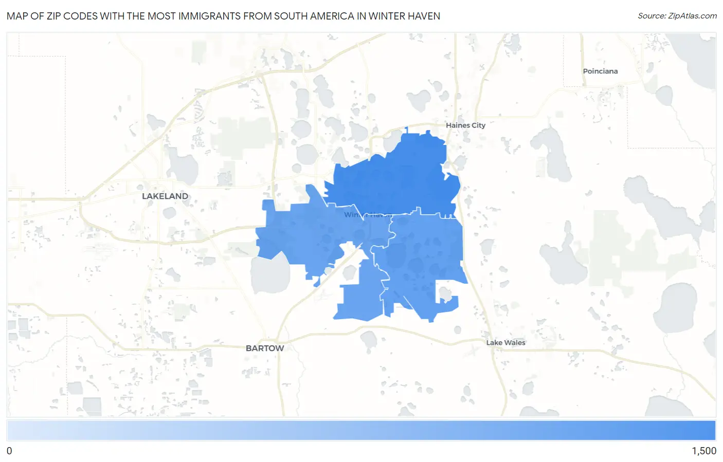 Zip Codes with the Most Immigrants from South America in Winter Haven Map