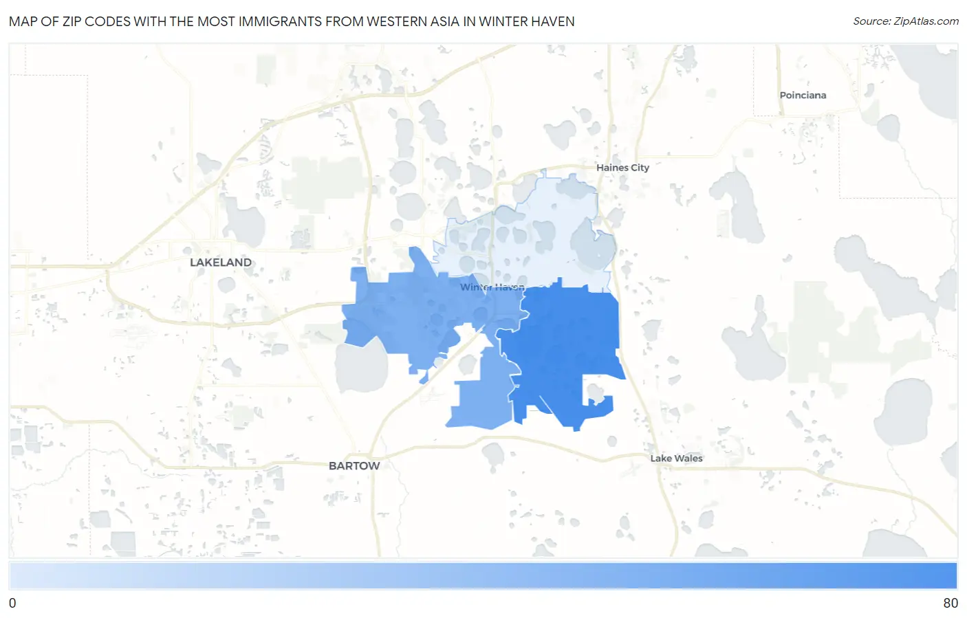 Zip Codes with the Most Immigrants from Western Asia in Winter Haven Map