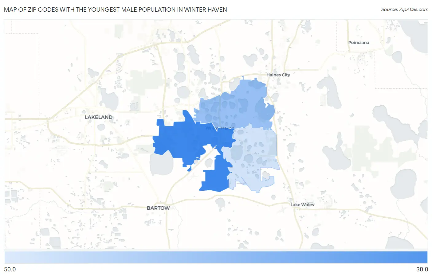 Zip Codes with the Youngest Male Population in Winter Haven Map